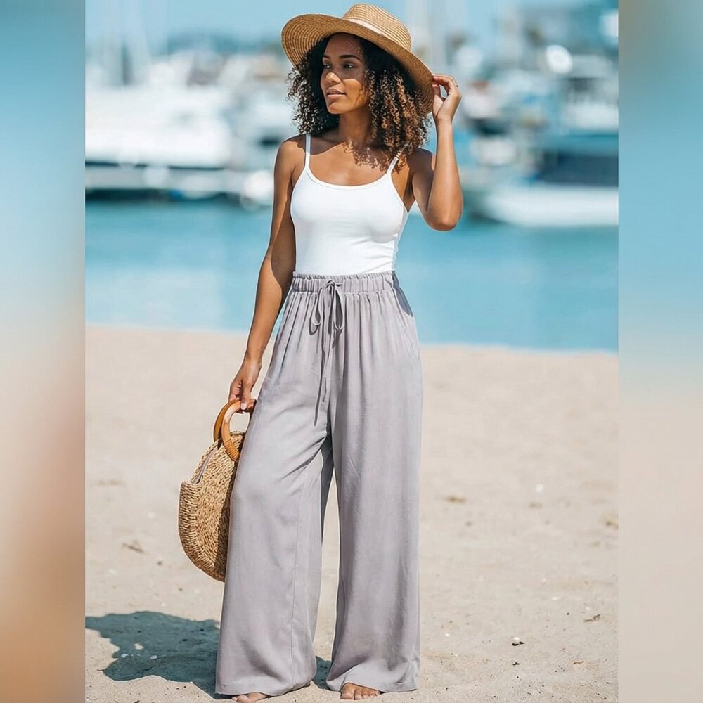 Women’s Taupe Wide-Leg Drawstring Pants – Lightweight Beach & Travel